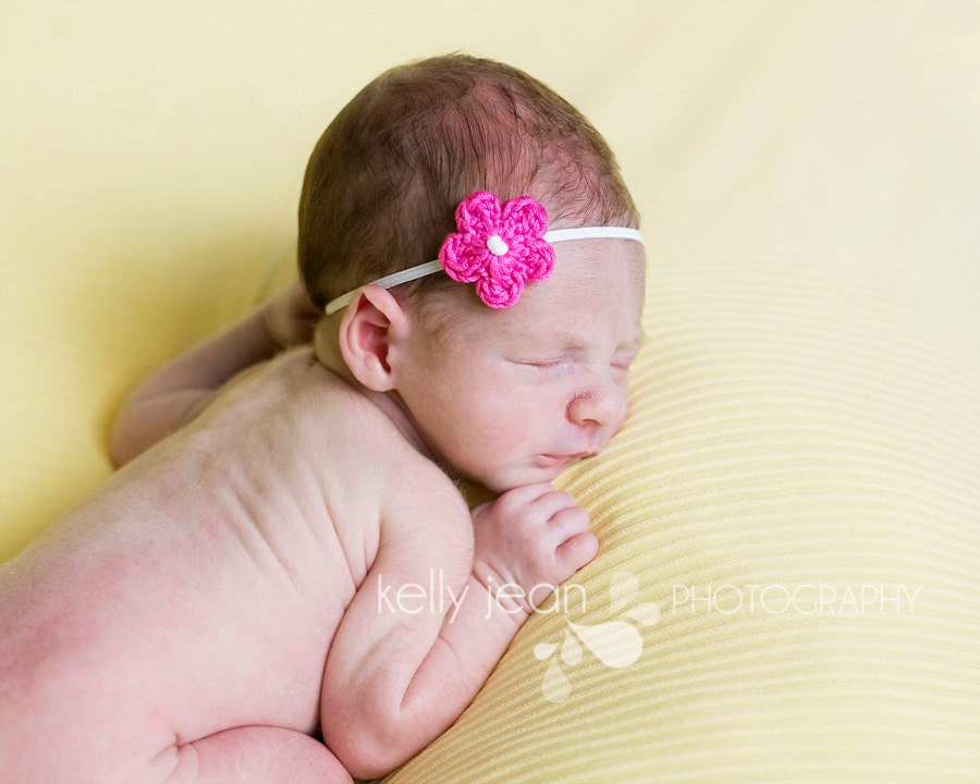 BABY Headband with Small Crochet Flower  - SET of 2 -  Bright Pink and White