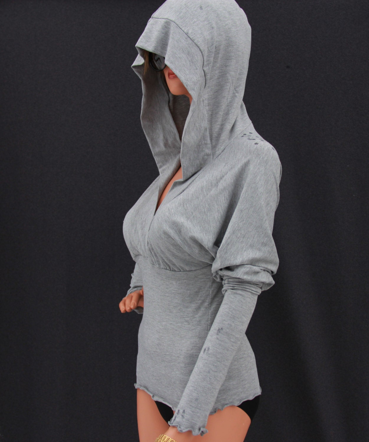 Hooded Top With Extra Long Sleeves/ T-shirt/tunic/tank top HT-LT-GY