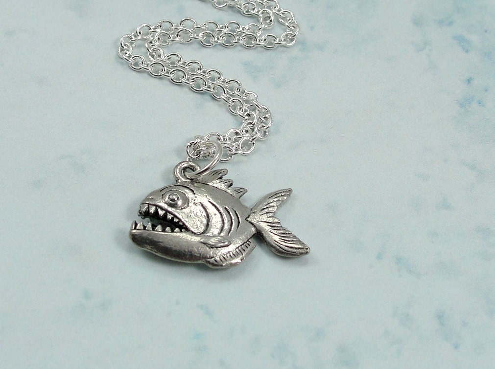 Piranha Necklace, Silver Piranha Charm on a Silver Cable Chain