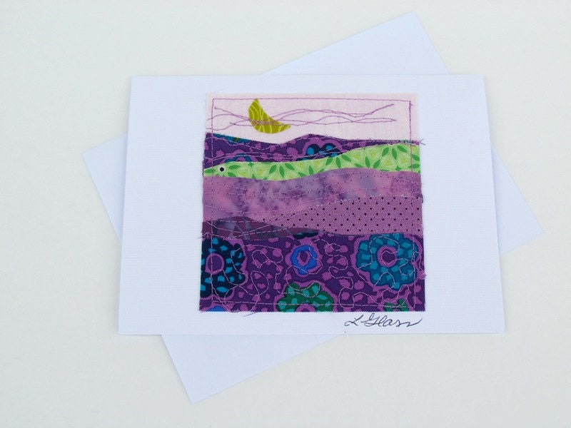 Original Fabric Collage Note Card Purple Dusk