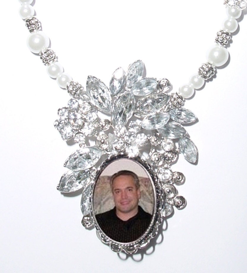 Wedding Bouquet Memorial Photo Charm Old World Tibetan Pearls Silver Clear Gems - FREE SHIPPING