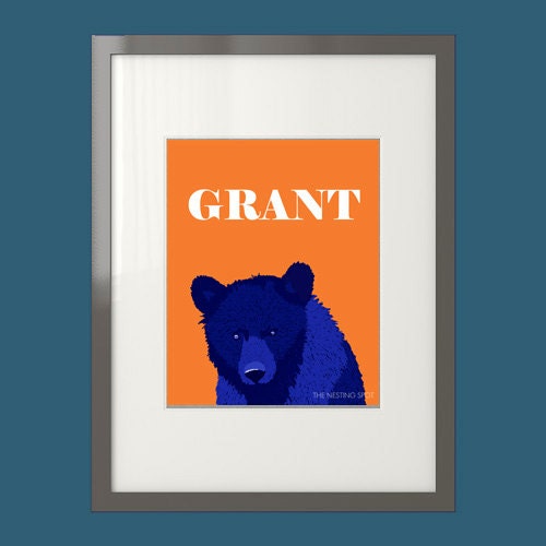 Personalized Bear Art Print in Orange, Green, and Gray - 8 x 10 or 5 x 7