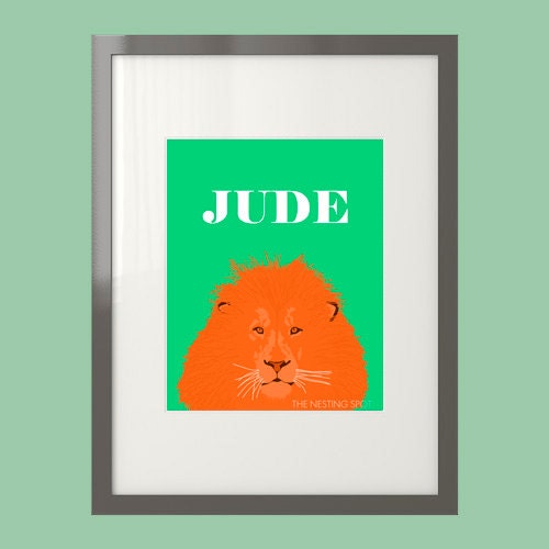 Personalized Lion Art Print in Green, Blue, and Red - 8 x 10 or 5 x 7