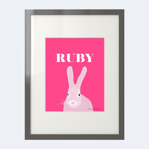 Personalized Rabbit Children's Art Print in Pink, Blue, or Purple - 8 x 10 or 5 x 7