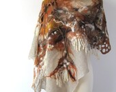 Knitted linen scarf  with felt  application  beige mustard
