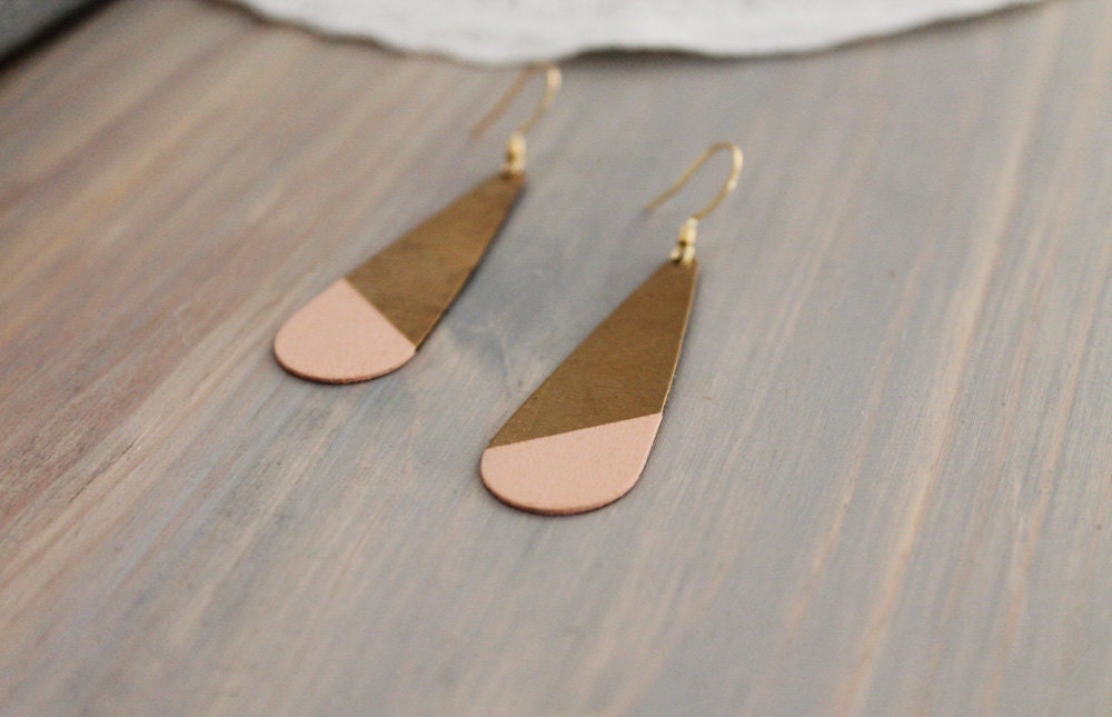 Large Round Angled Blush Color Dipped Brass Dangle Earrings