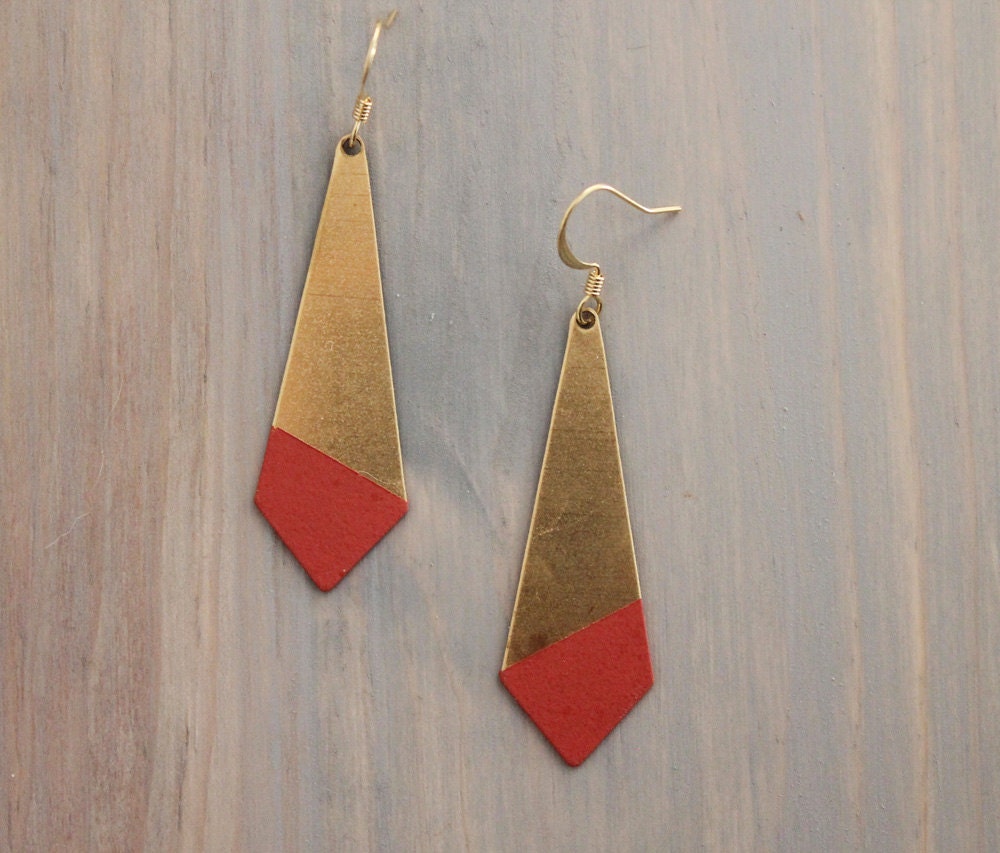 Large Pointed Angle Coral Color Dipped Brass Dangle Earrings