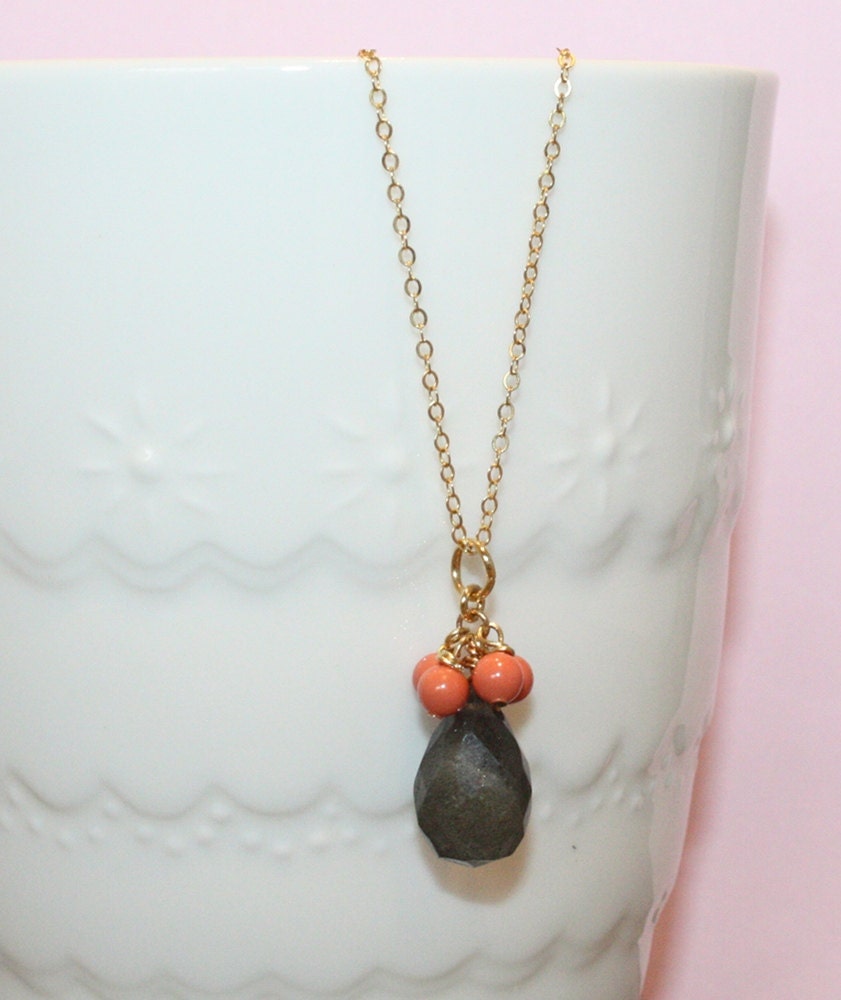 Labradorite and Coral Cluster Necklace.  14/20 Gold Filled Delicate Chain.