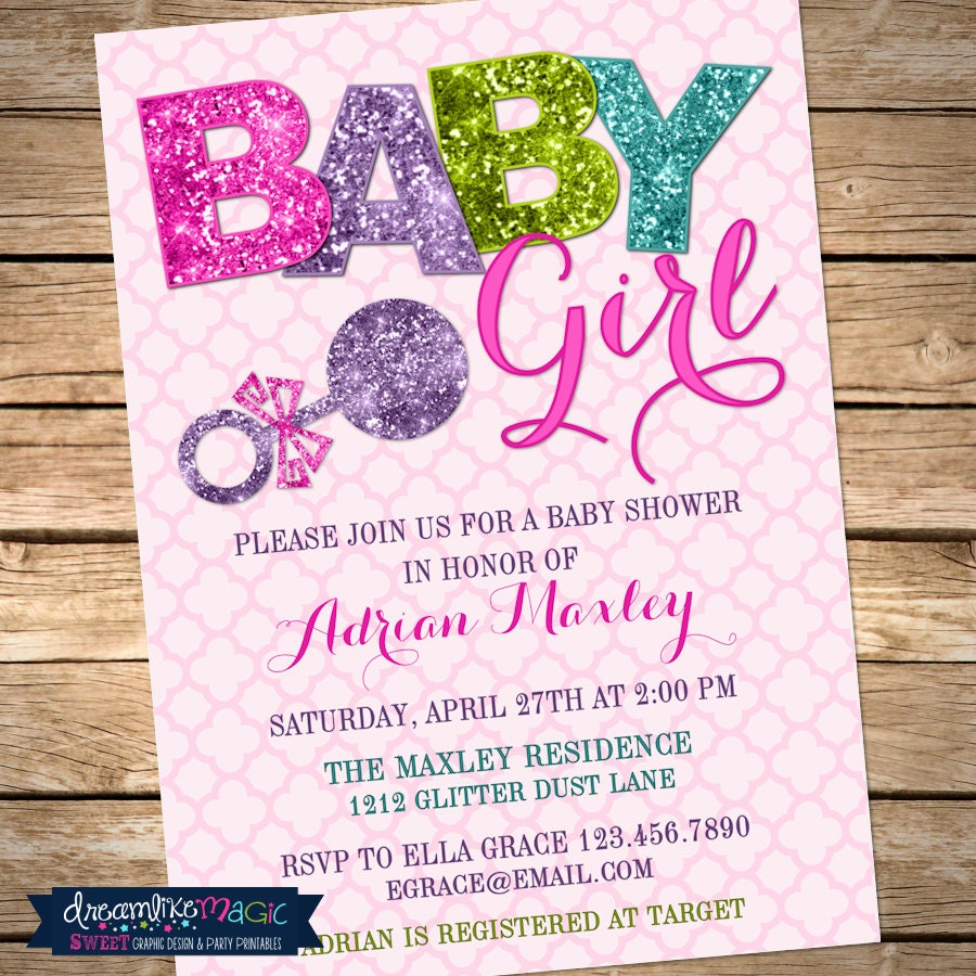 Printable Baby Shower Invitation- Baby Girl Glitter