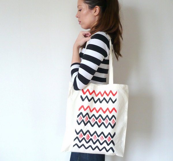 Organic Tote Bag / Zig Zag / Red Black White Printed By Hand