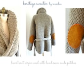 HERITAGE  SWEATER Hand Knit Virgin Wool Fisherman Roll Neck Cardigan Sweater ((Size XS))