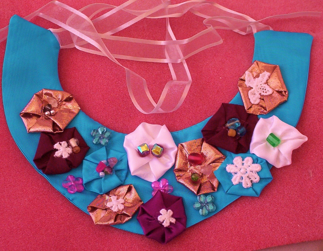 Bib Necklace Aqua Fabric Beads Ribbon