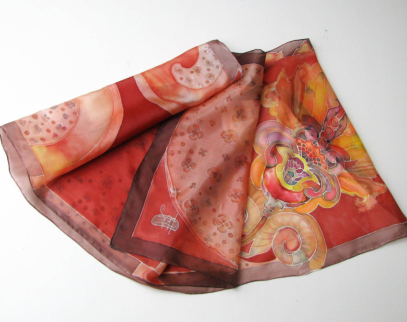 Silk scarf hand dyed and painted on ponge silks Decorative floral motives Brown Red Orange color painting 18x72 inches size