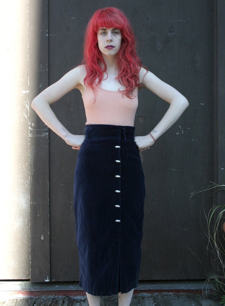 Vintage 1980's Navy Velvet Ultra High Waisted Tailored Midi Skirt XS/S