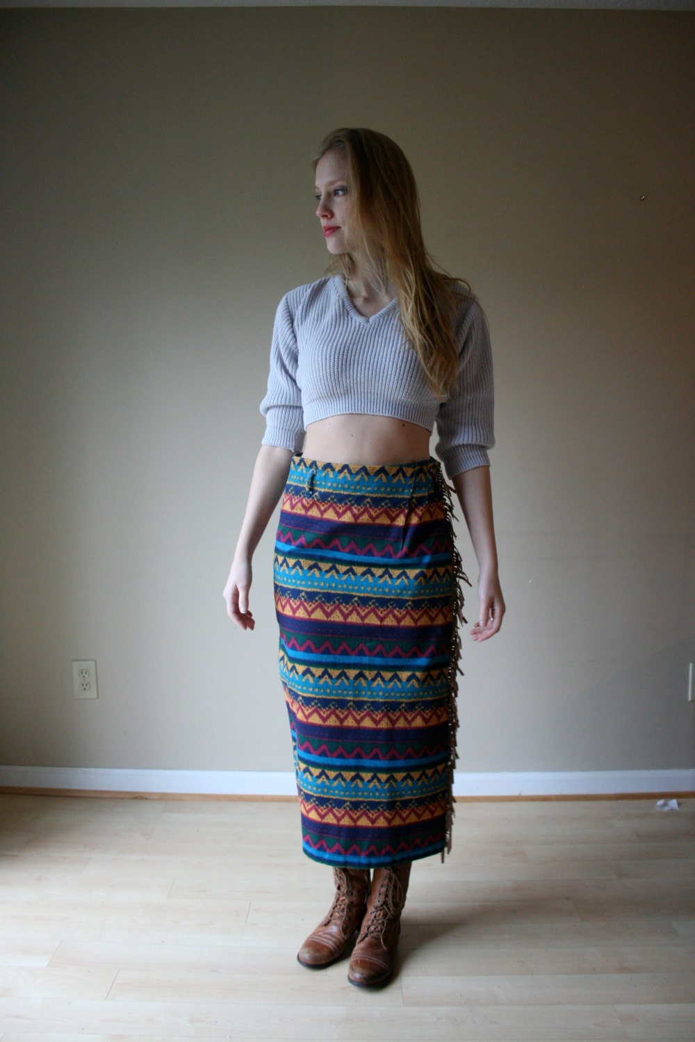 Zig Zag Fringe Skirt / Stone Gear / New Mexico Skirt / Printed Denim Skirt / Long Jean Skirt / Faux Suede Fringe Skirt
