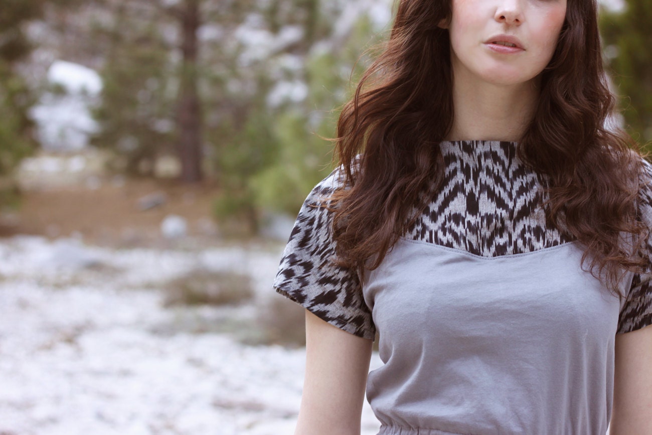 Cut-out back dress - smoke grey jersey knit dress with geometric ikat print, outdoors summer camping water biking - medium