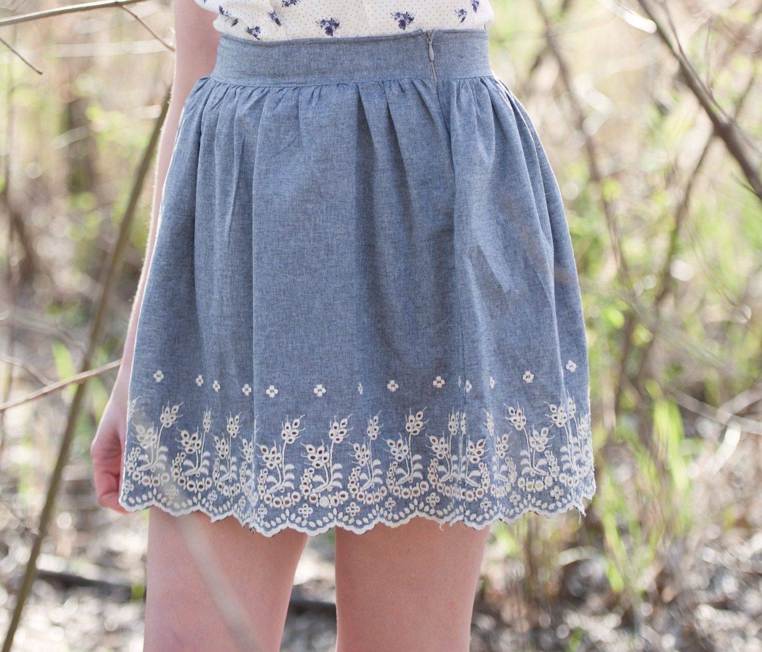 Vintage inspired lace skirt - denim blue with high waisted full pleated style scalloped edge, bohemian boho country farmer rustic - medium