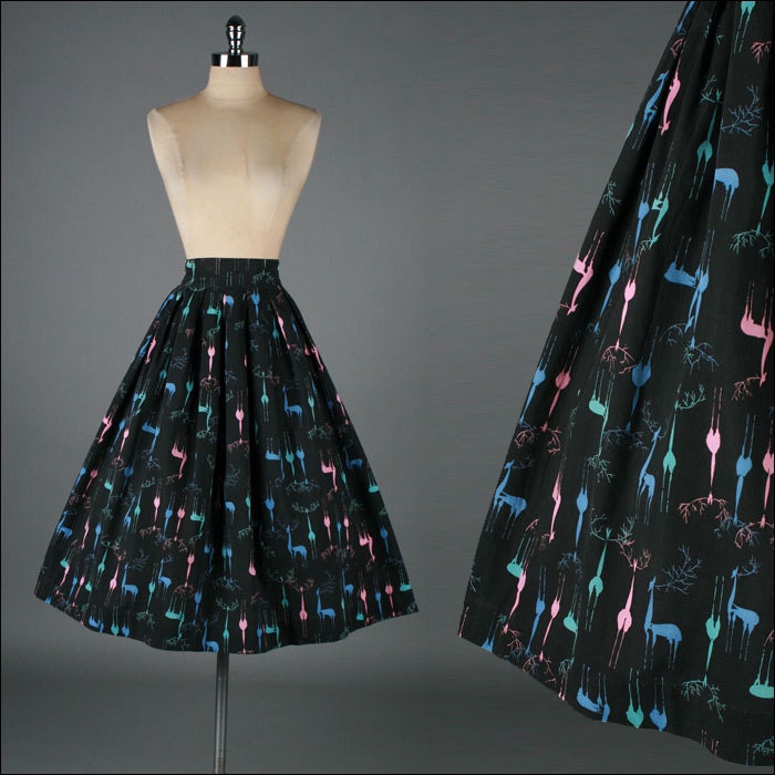 1950's vintage skirt . black cotton . whimsical deer print . 3402