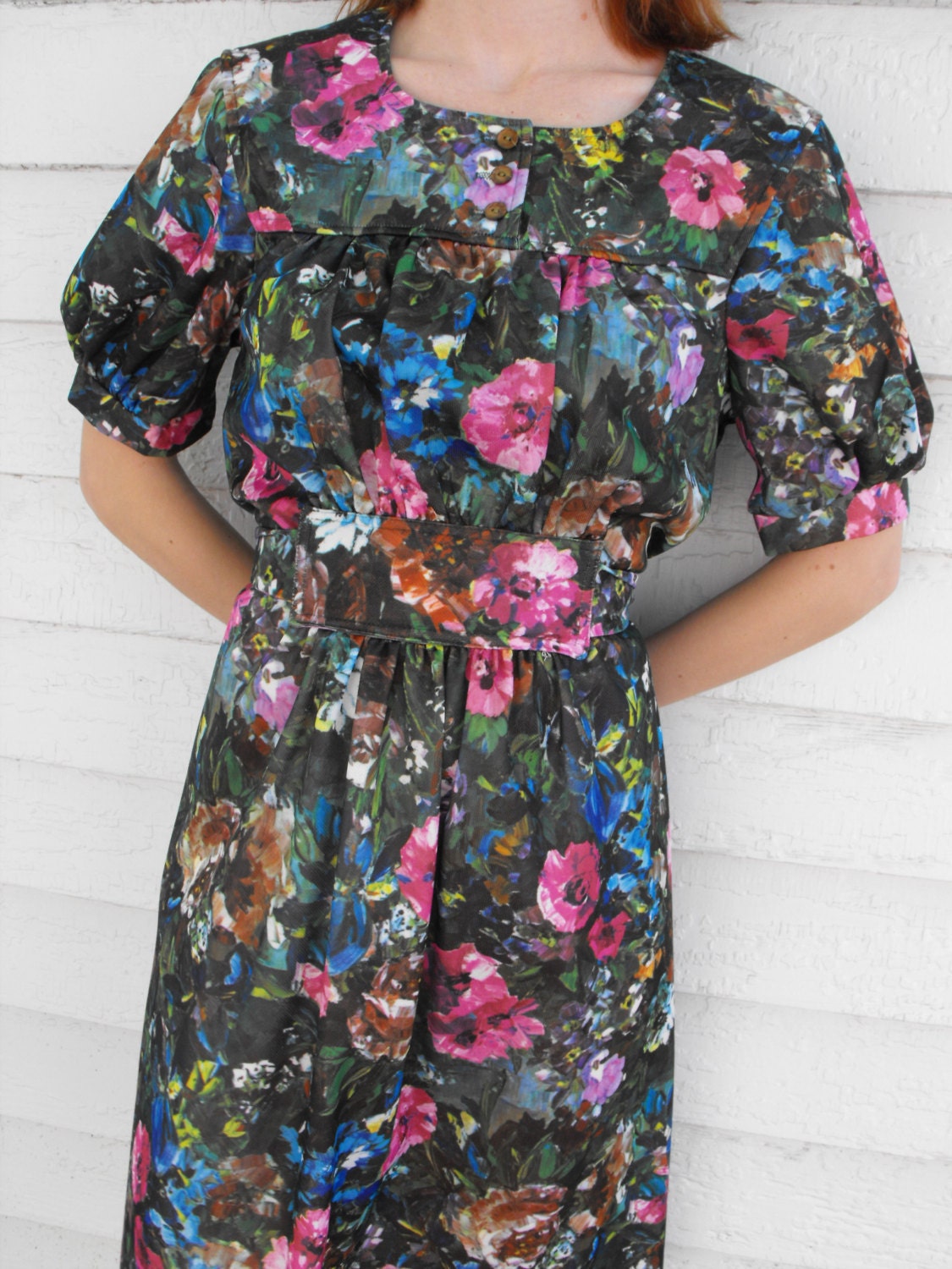 Vintage 70s Floral Photo Print Dress Hippie S M