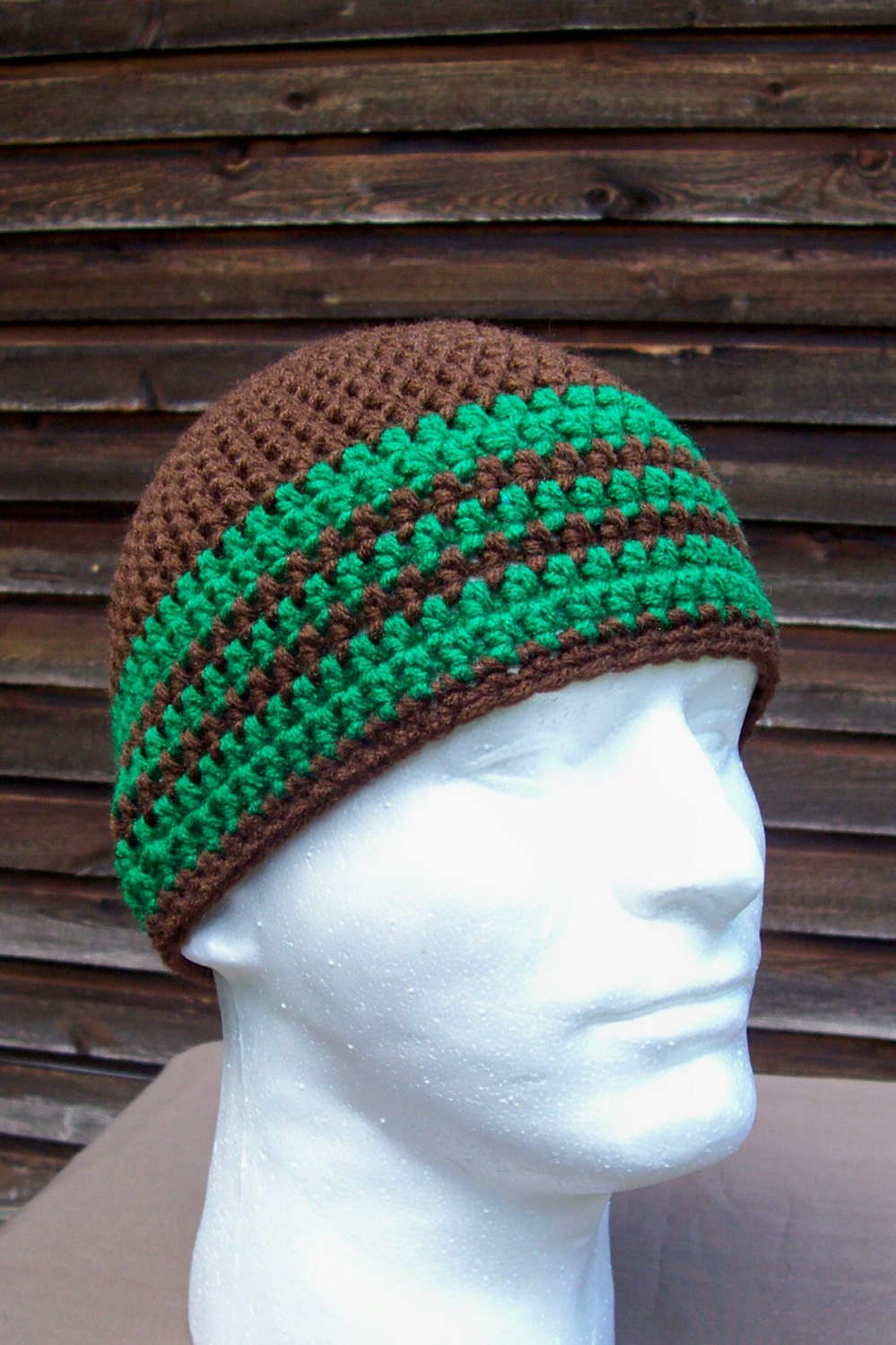 mens hat youth boys beanie crochet hat beanie chocolate brown Christmas green stripes youth adult 6548