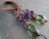 Olive Swarovski Briolettes with Violet Amethyst - Copper Lever Back Earrings