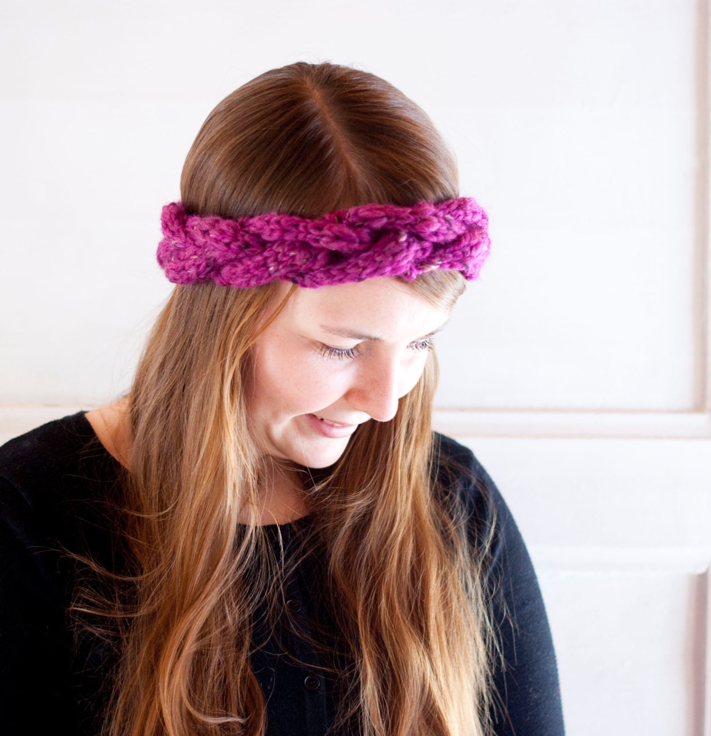 Braided headband hand knit in purple. Cute head wrap fashion accessory head piece.