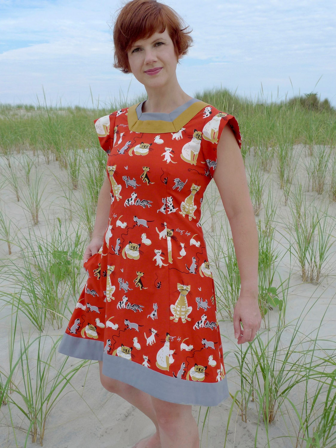 Meerwiibli cat print red cotton cat games summer dress