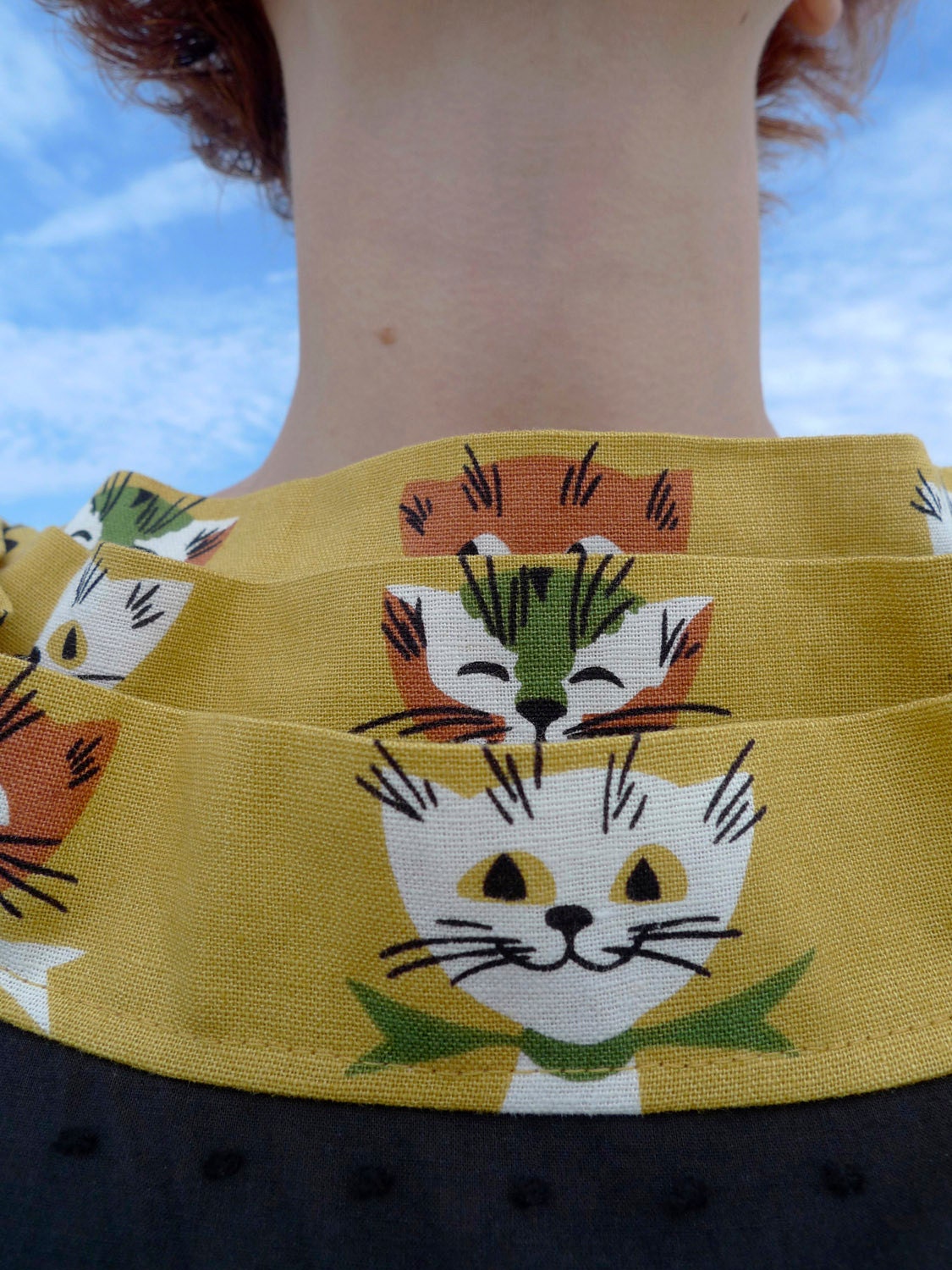 Meerwiibli cat print dress mustard peaking cats cotton and linen summer dress