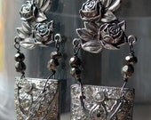 SOLD to Coralie - roses and ritz - vintage assemblage earrings with hinestone dress clips by the french circus