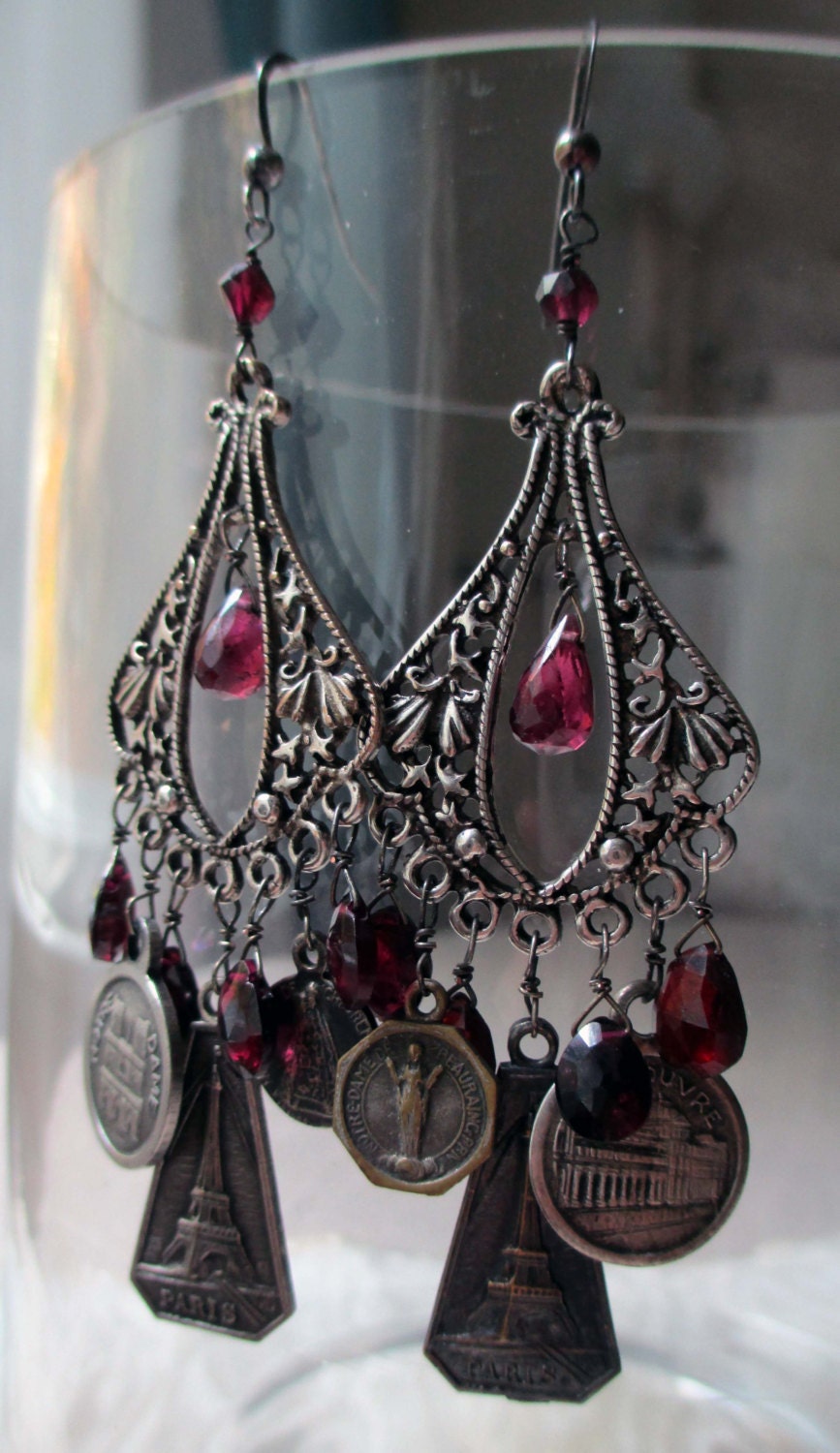 SOLD to Nanette - parisian garnets - vintage assemblage earrings with paris souvenir charms by the french circus