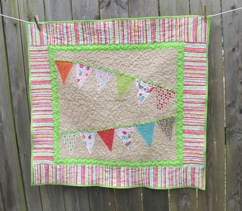 Bunting Girl Quilt, Alphabet Soup, Toddler or Baby, Riley Blake, Wall Hanging or Crib Quilt - DeMossDesigns