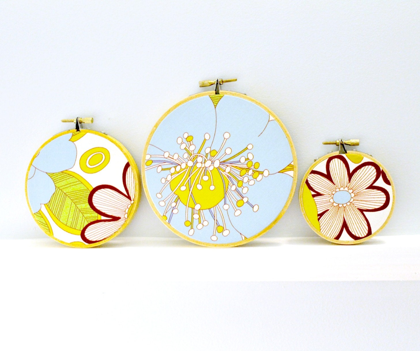 Embroidery Hoop Decor Trio- Mod Flowers in Teal, Maroon, and Chartreuse, Wall Art