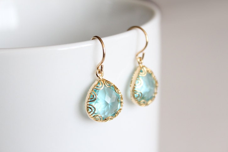 Gold Framed Glass Pendant Earrings - Blue - Grace