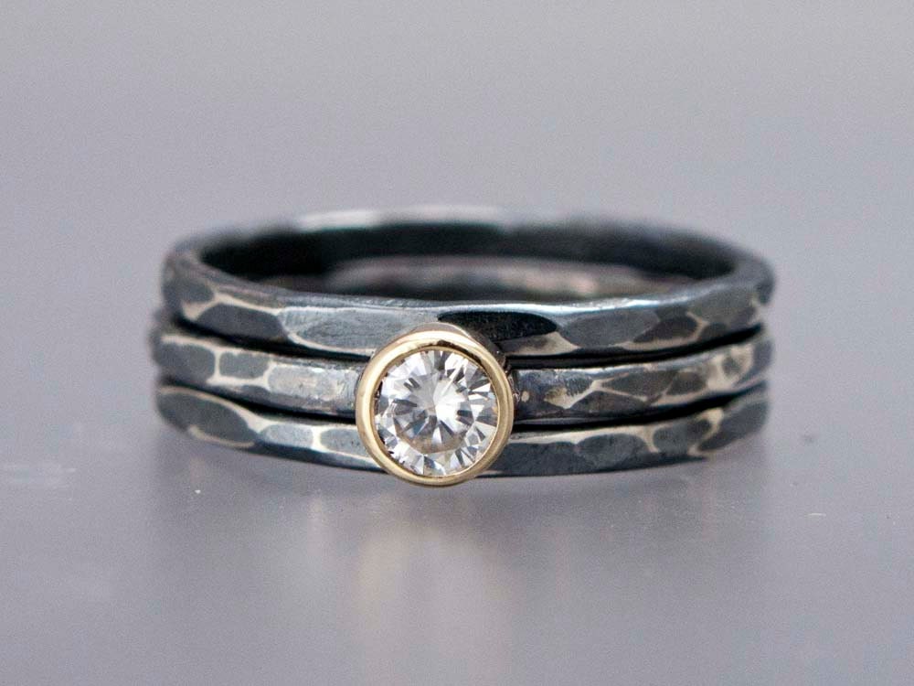 Gold and Silver Skinny Stacking Ring Set - Sterling Silver, Solid 14k Yellow Gold and 4mm White Sapphire or Moissanite