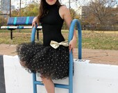 Vintage Black & Gold Skinny Sleeveless Dress with Crinoline/Tulle Skirt with Sparkling Stars // 1980s