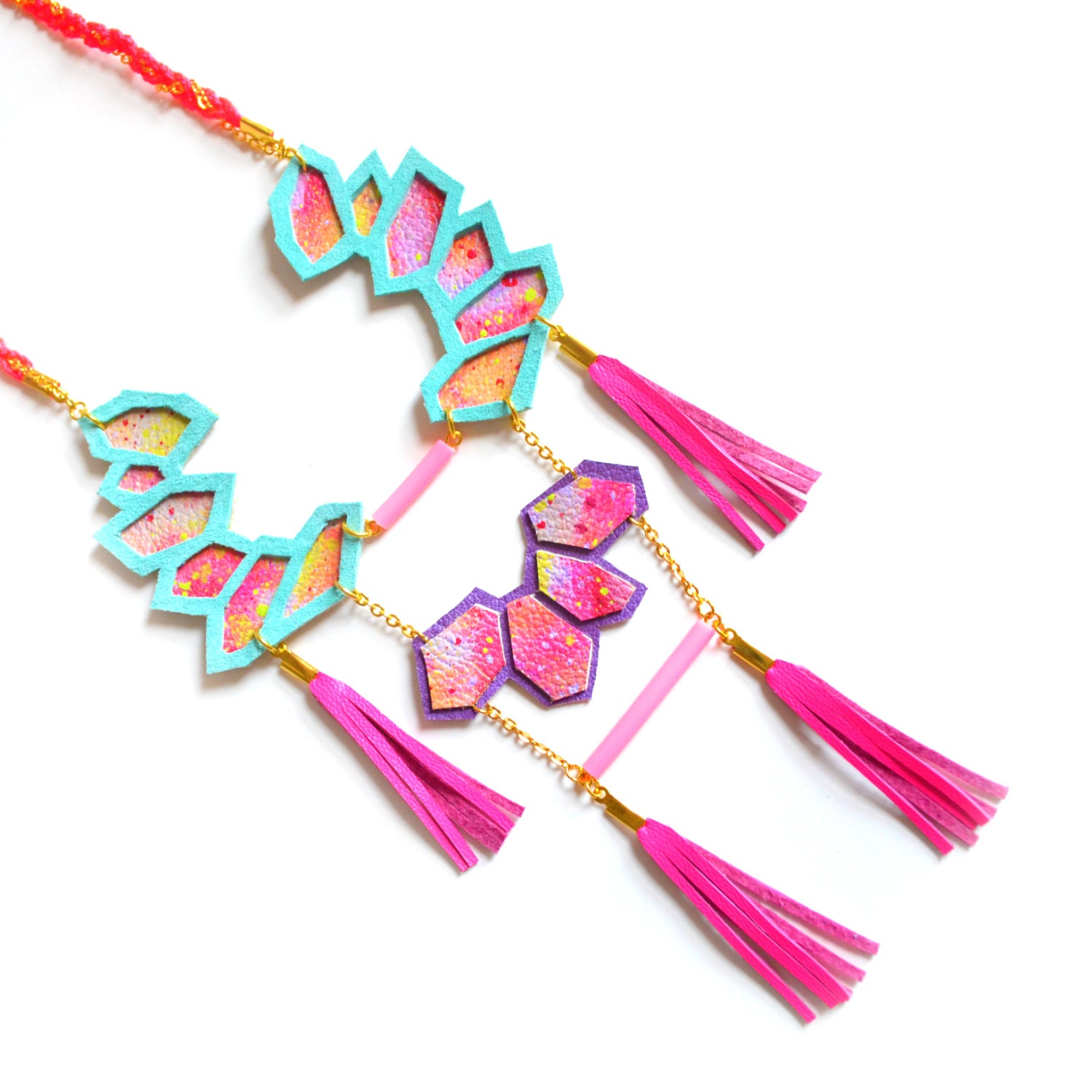 Geometric Statement Necklace, Galaxy Print Hexagons, Hot Pink Fringe, Rope Statement Jewelry