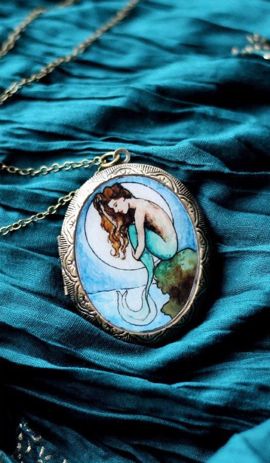 mermaid locket necklace, Mermaid by Moonlight, wearable art jewelry, nouveau painting, LIMITED EDITION