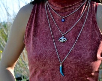 Turquoise Layered Necklace, Evil Eye Necklace, Horn Necklace, Mothers Day, Simple Necklace