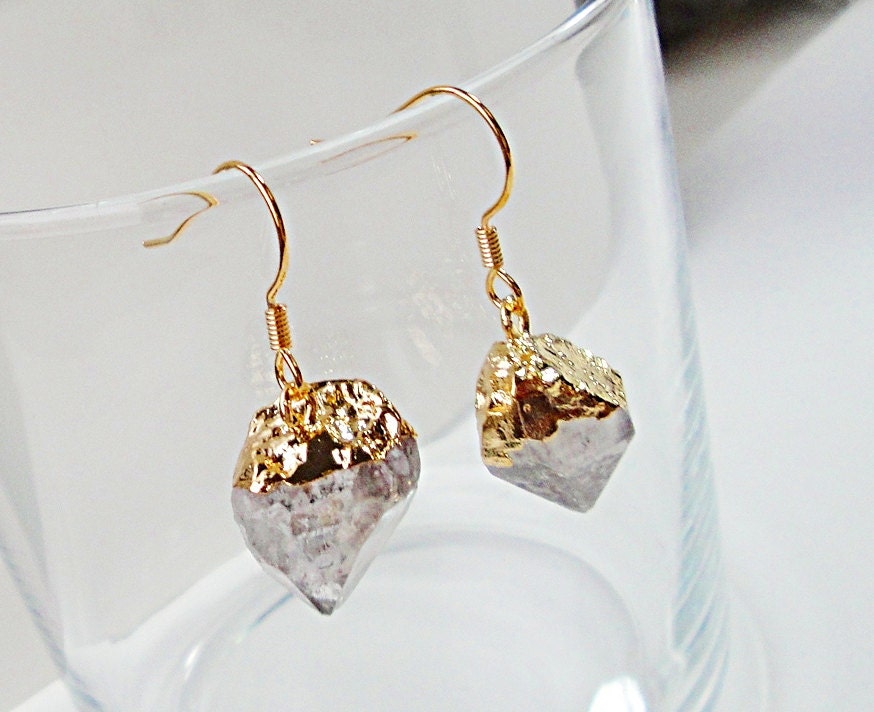Silver Gold Dipped Druzzy Drusy Grey Agate Pointy Tip Dipped Cap Earrings Dangles