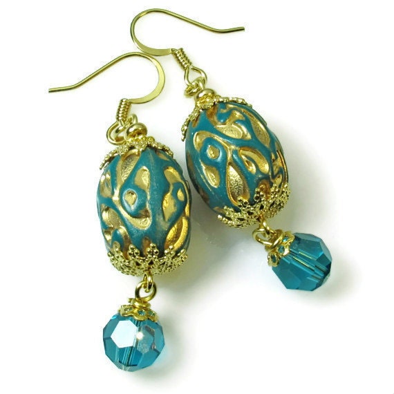 Teal Earrings, Bead Dangle Earrings, Vintage