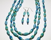 Eco Friendly Turquoise Paper Bead Necklace and Earrings Set