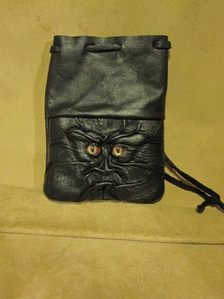 Grichels leather dice/card pouch - black with red and gold slit pupil shark eyes