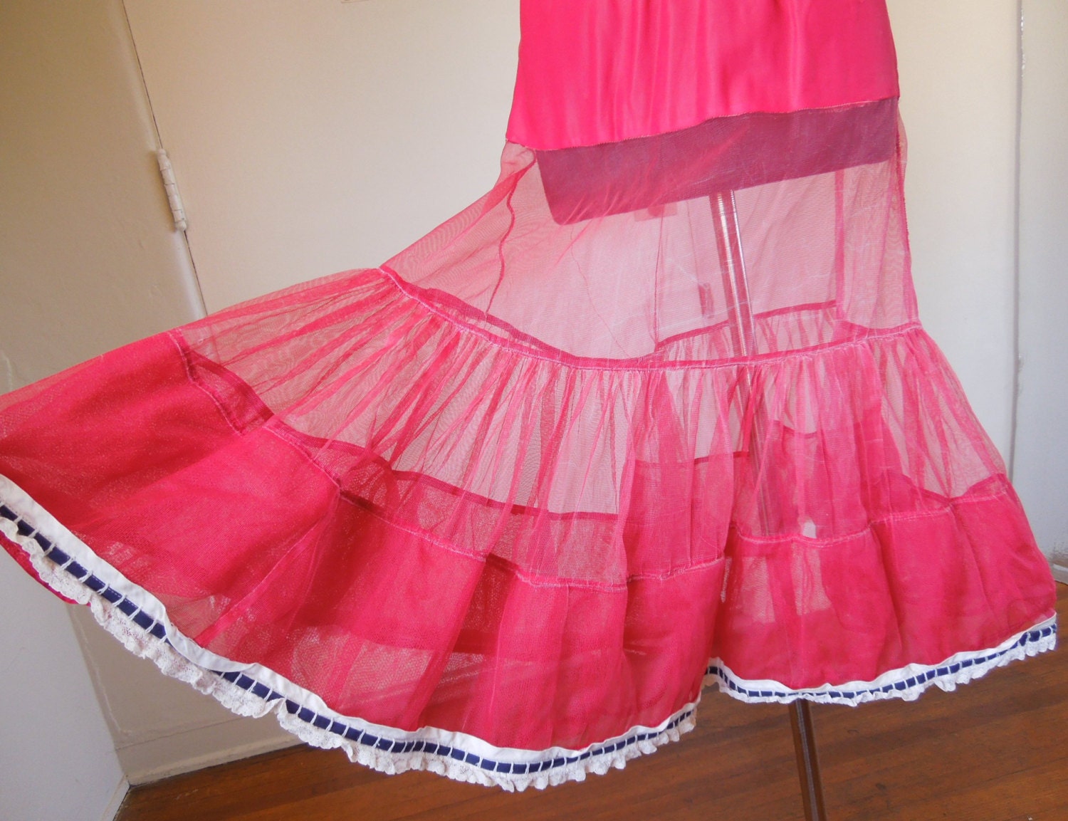 Vintage Red Crinoline, White and Navy Blue Trim, Rockabilly, Pin Up, Small to Medium to Large OSFM