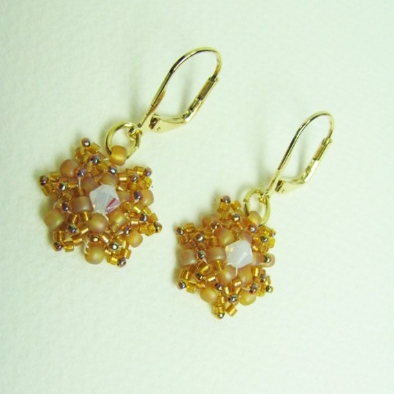 Golden Beadwork Leverback Earrings with White Opal Swarovski Crystal - Wedding Bridal - SRAJD