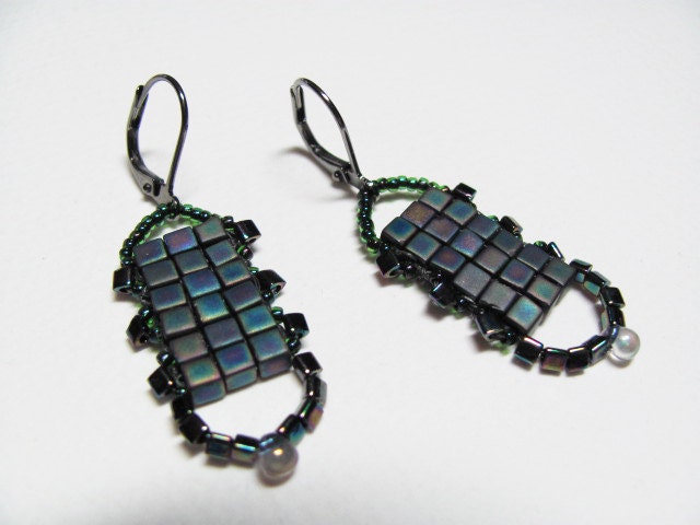 Beadwork Earrings - Cube, Triangle, & Round Beads - Gun Metal Leverback Earrings - Custom Colors Welcome - SRAJD