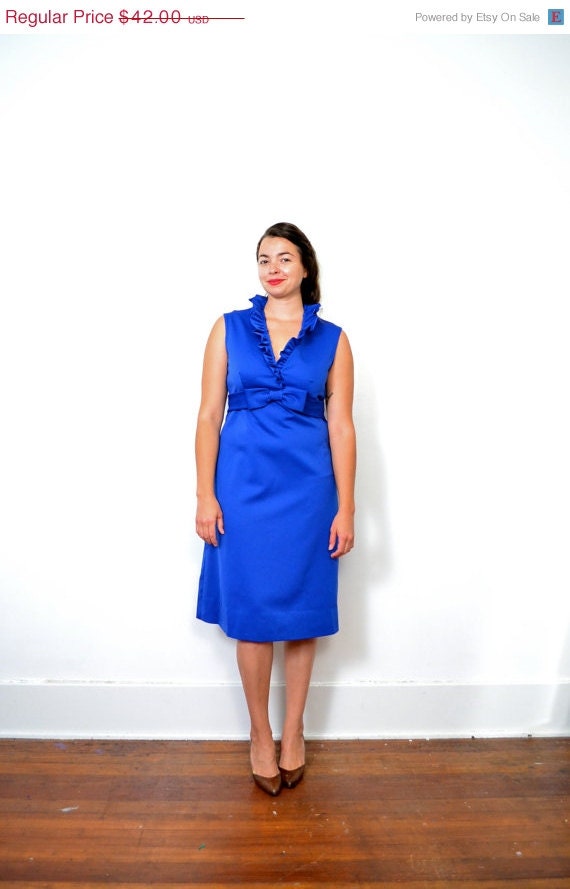 May Sale // 1960s Handmade Blue Satin Ruffle and Bow Dress // Large