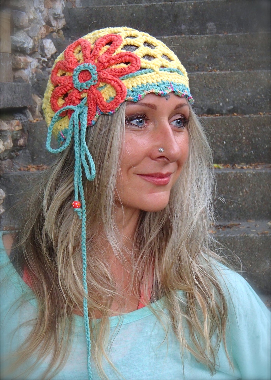 Reserved HIPPIE FLOWER summer Yellow BEANIE hat with Headband Flower Hat crochet Cotton Beanie hat Charming Boho Hat Sweetheart