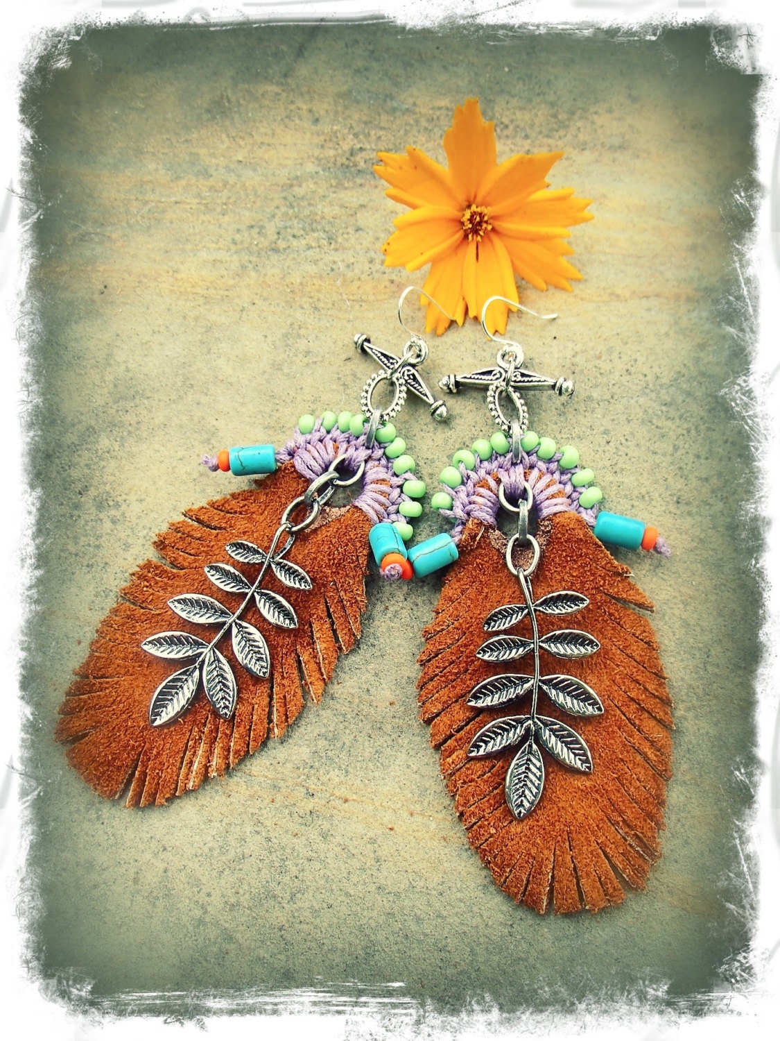 TRIBAL native LEATHER Earrings LEAF Earrings Fringe Cowgirl earrings leather suede earrings Festival earrings