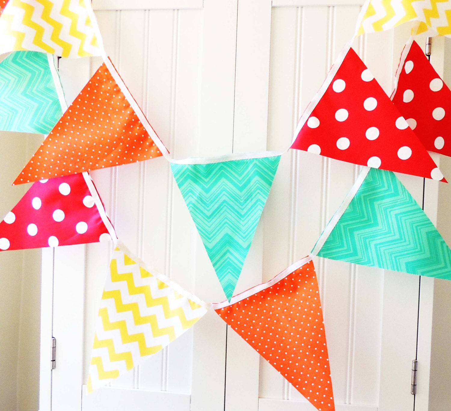 21 Flag Bunting, 9 Feet Banner, Orange, Red, Teal, Yellow, Chevron, Polka Dot, Baby Boy Nursery Decor, Birthday Garland