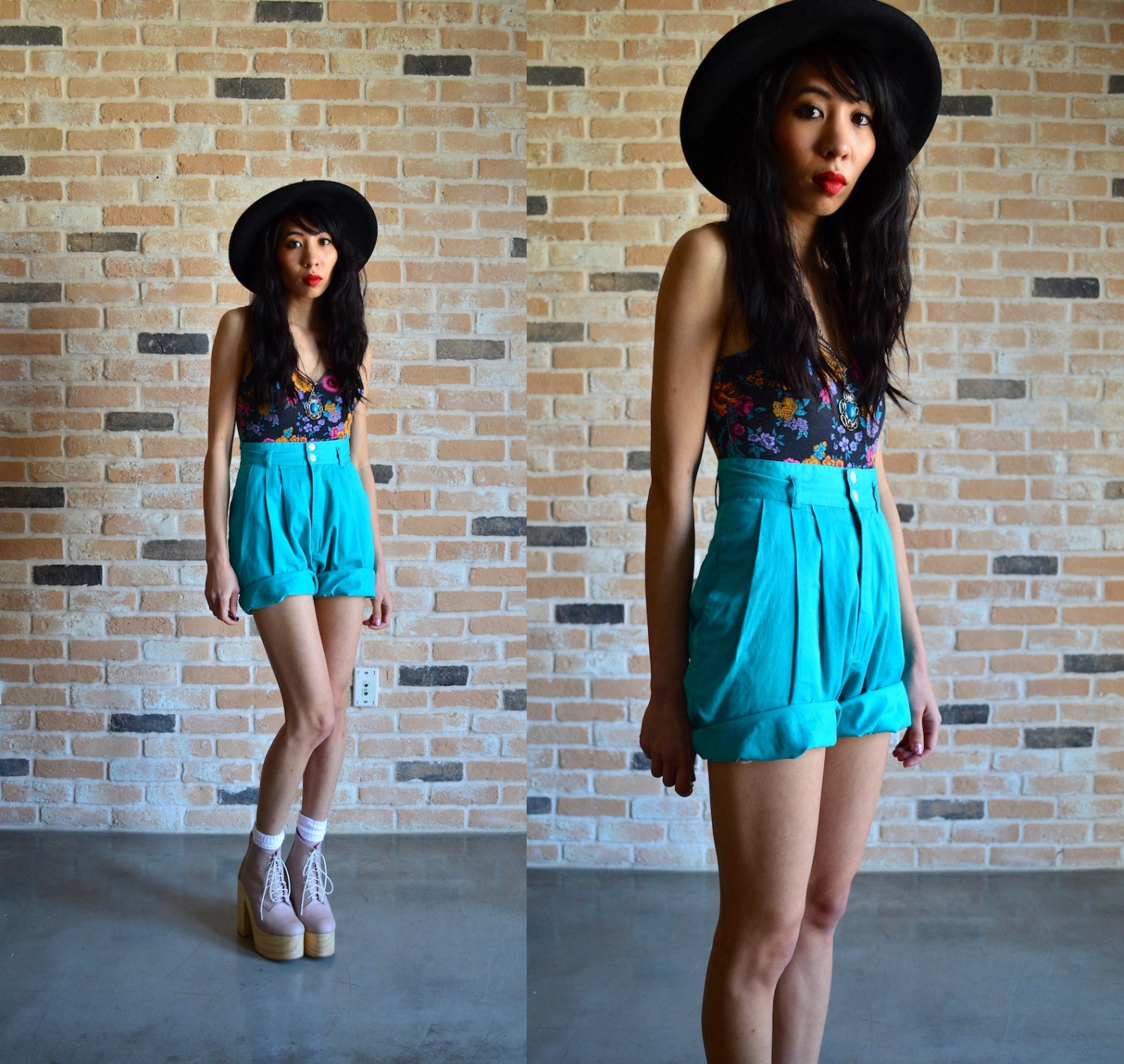 80s high waist Bermuda Shorts - Esprit Turquose pleated shorts - extra small XXS XS